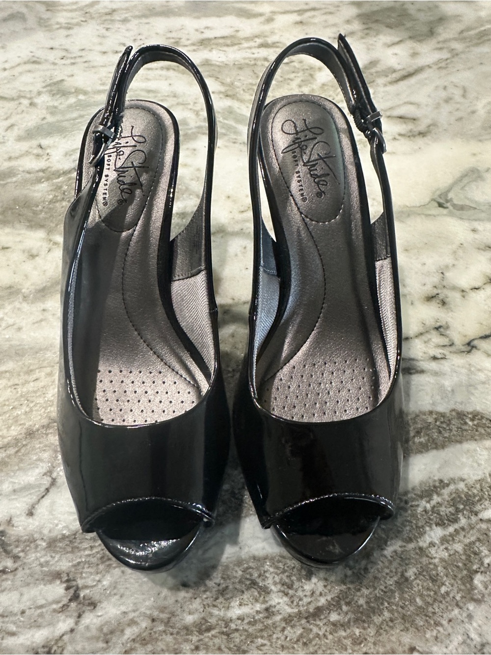 LifeStride  Teller Black Glory Patent Slingback Peep-Toe Heels